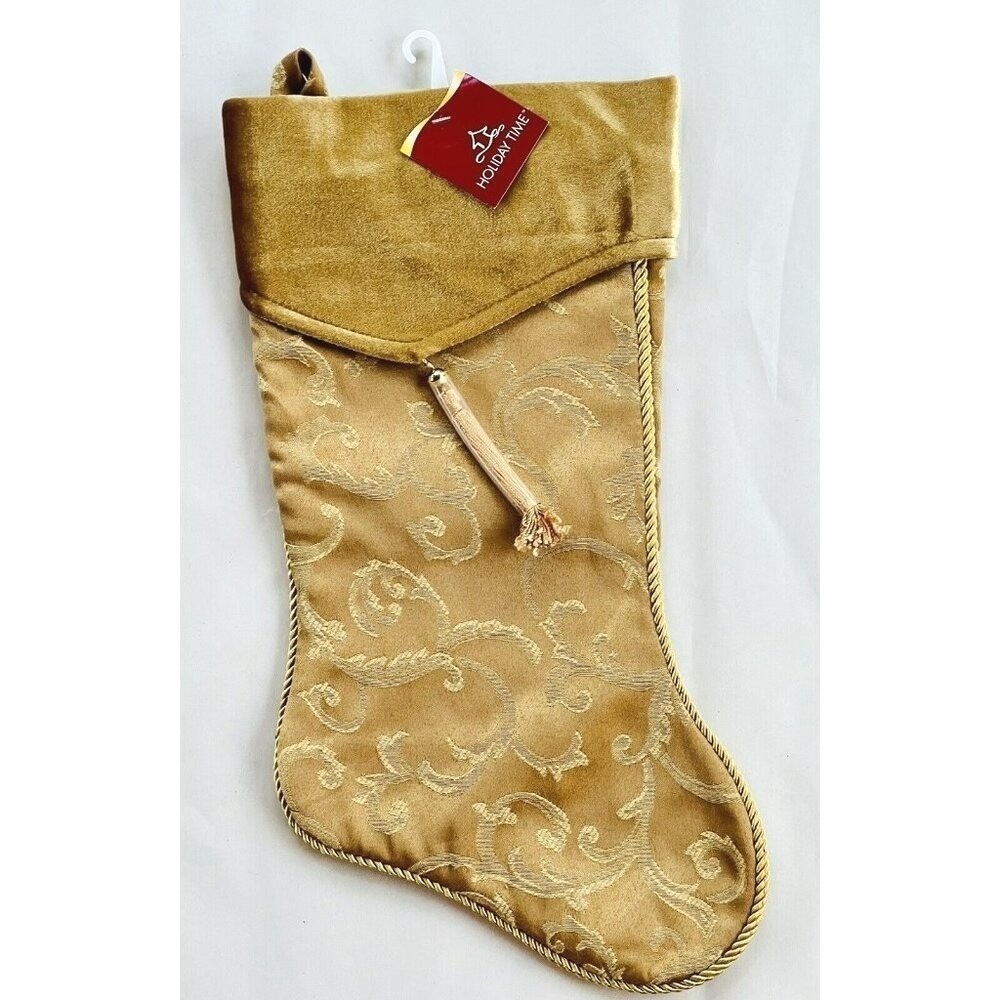 Holiday Time Scroll Christmas Stocking Gold Tassel Braided Edge‎ 17 inch